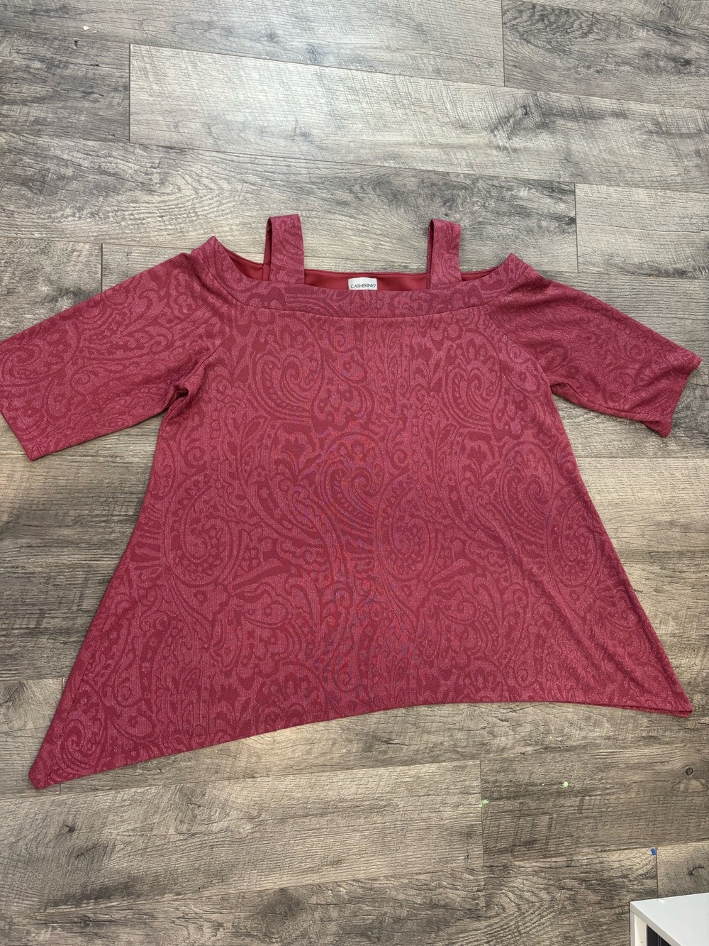 Catherines Women’s Plus 2X Burgundy Paisley Metallic Knit Square Neck Tunic